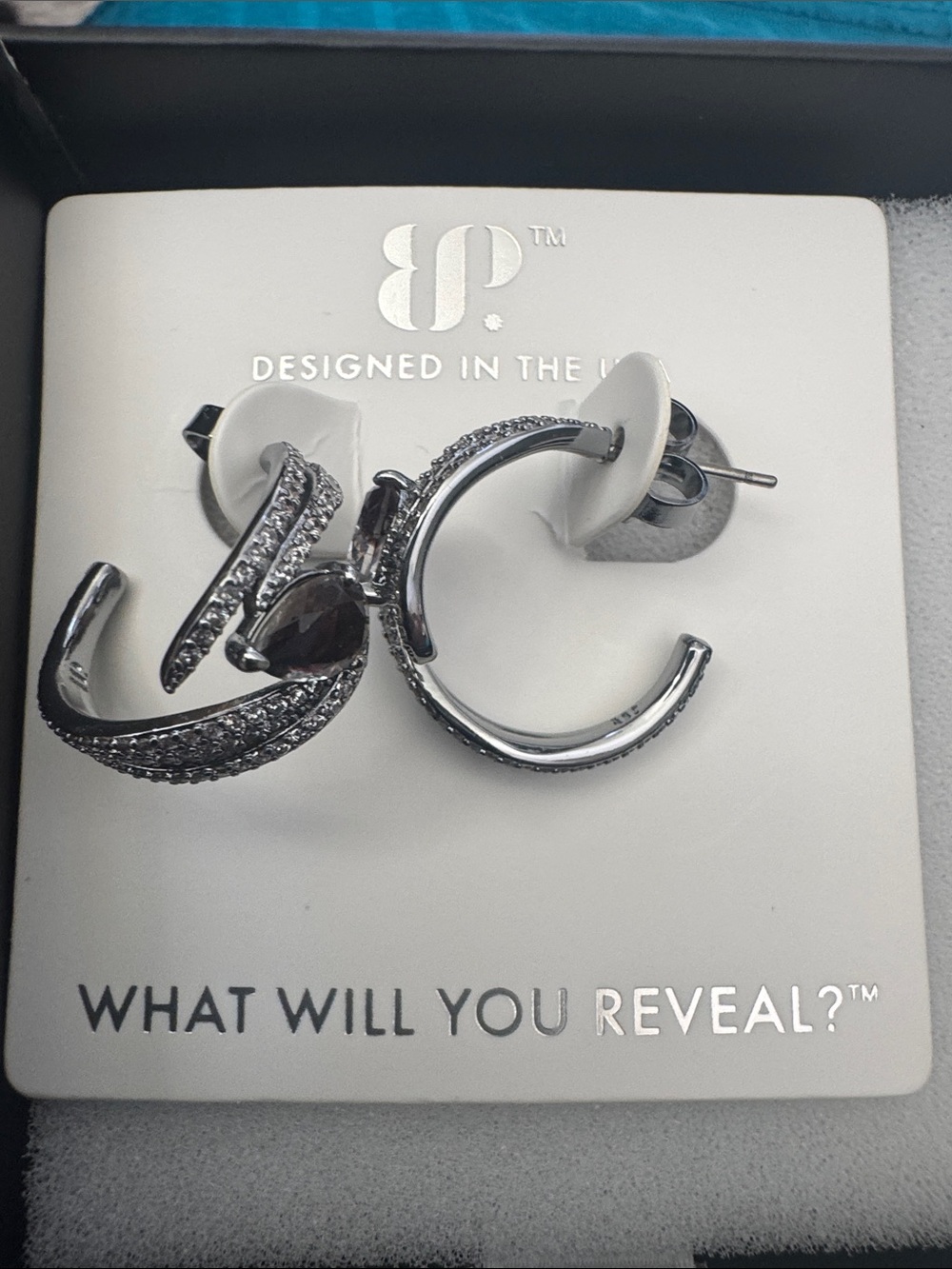bp Silver Crystal-Accented Hoop Earrings with Smoky Stone